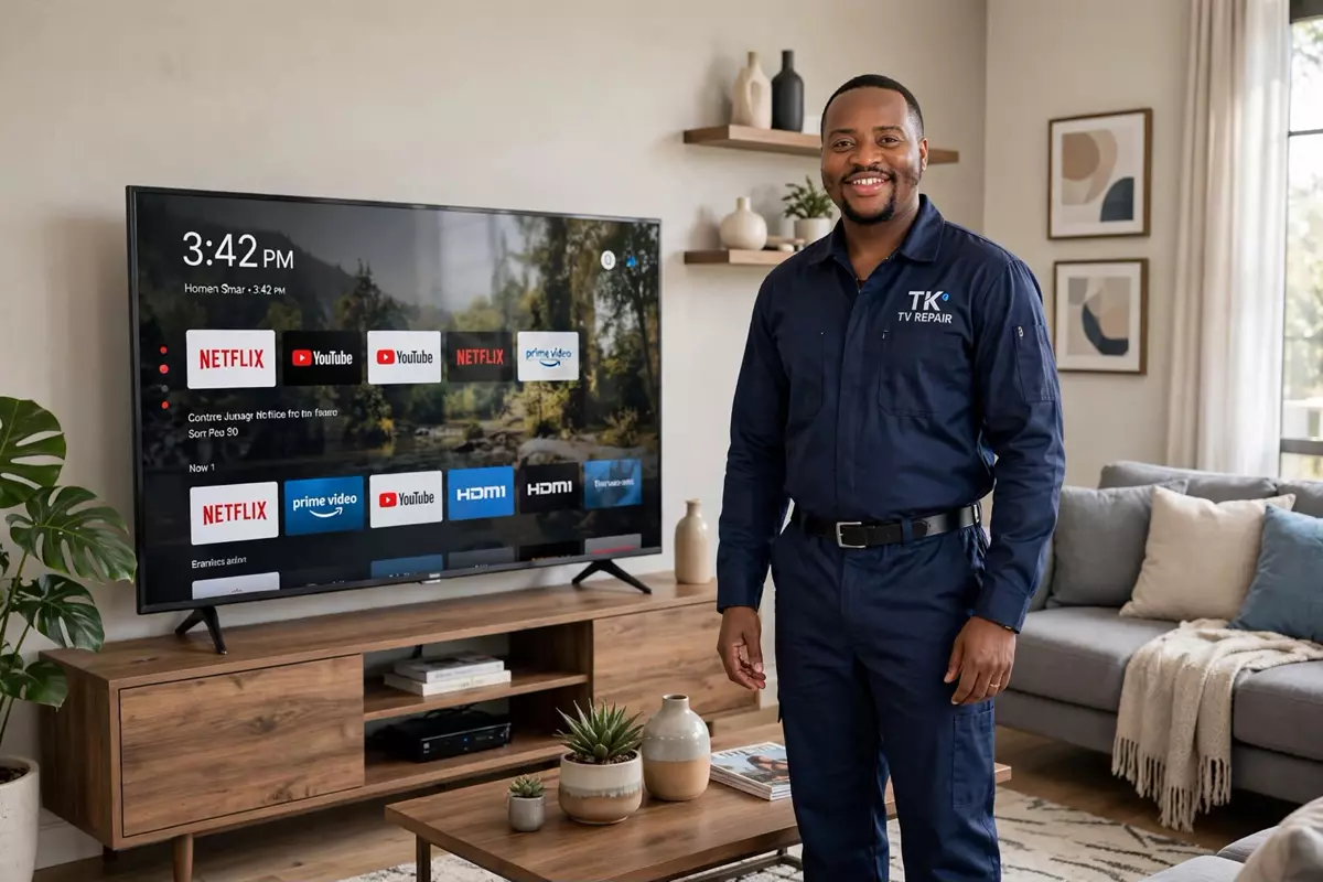 TK TV Repair technician next to a smart TV he set up