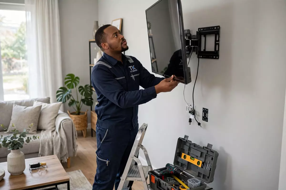 TK TV Repair technician mounting a TV on a wall bracket