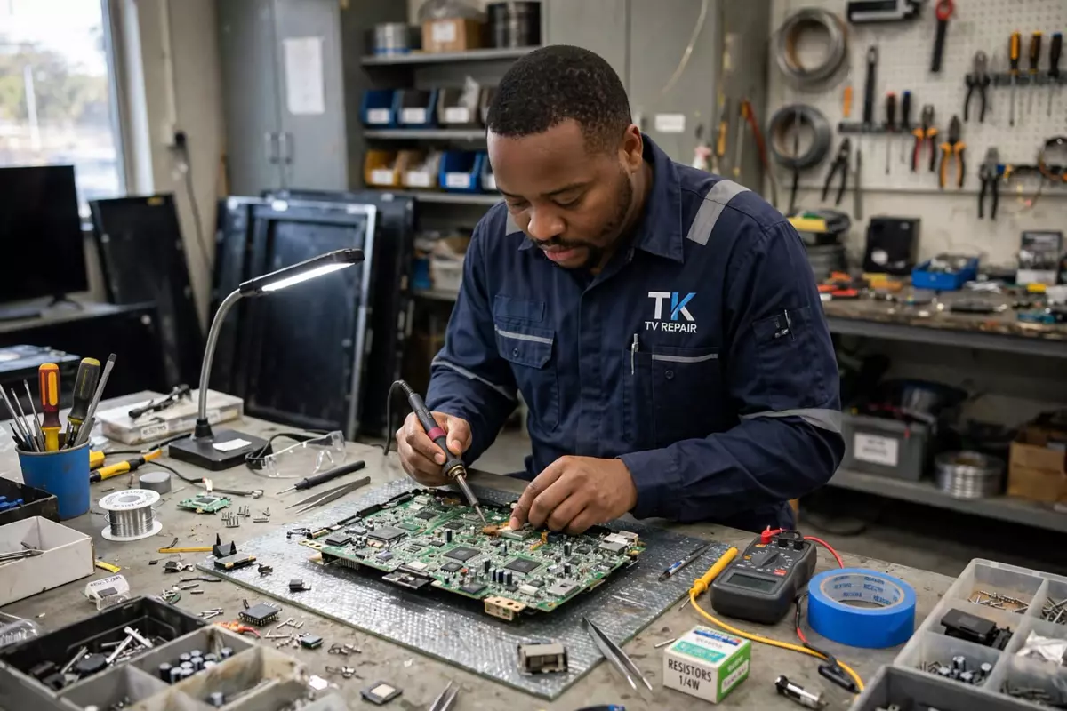 TK TV Repair technician soldering a TV circuit board at the workbench