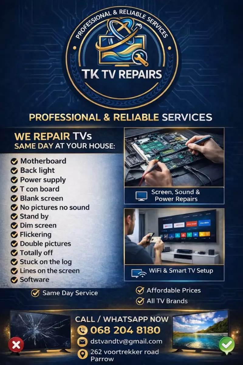 TK TV Repairs promotional flyer listing repair services and contact details